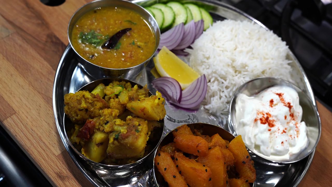 Simple Indian Vegetarian Meal: Dal, Cauliflower Curry & Stir-fried Pumpkin